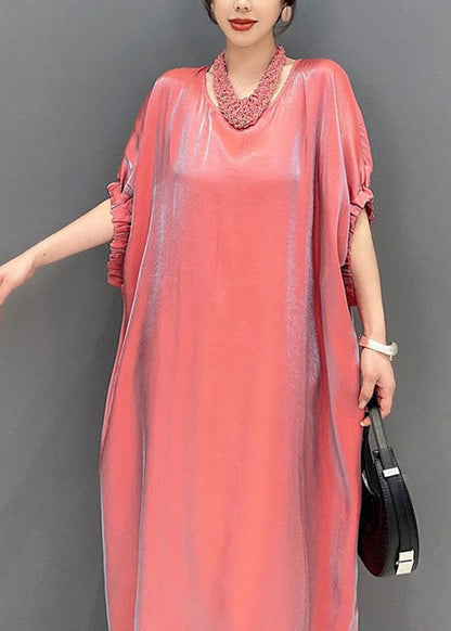 Pink O-neck Silk Long Dress Short Sleeve Summer