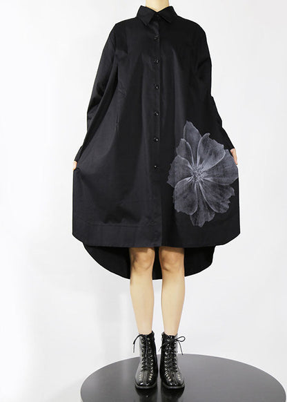 Natural Black Button Peter Pan Collar Shirt Dresses Spring