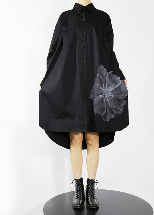 Natural Black Button Peter Pan Collar Shirt Dresses Spring