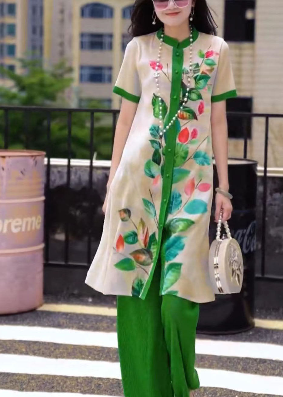 Classy Purple Stand Collar Print Button Draping Silk Long Shirts and Straight Pants Two Piece Set Short Sleeve