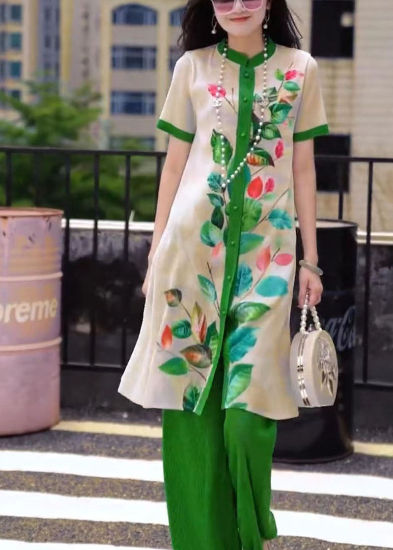 Classy Purple Stand Collar Print Button Draping Silk Long Shirts and Straight Pants Two Piece Set Short Sleeve
