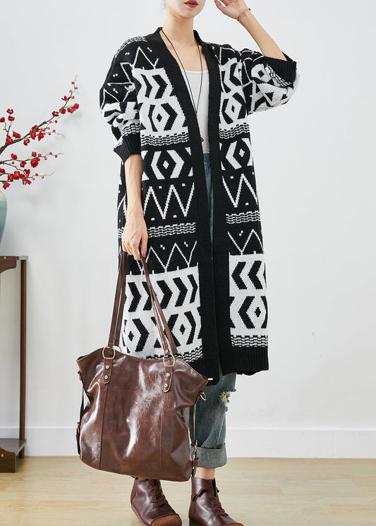 Black Oversized Print Knit Long Cardigans Fall