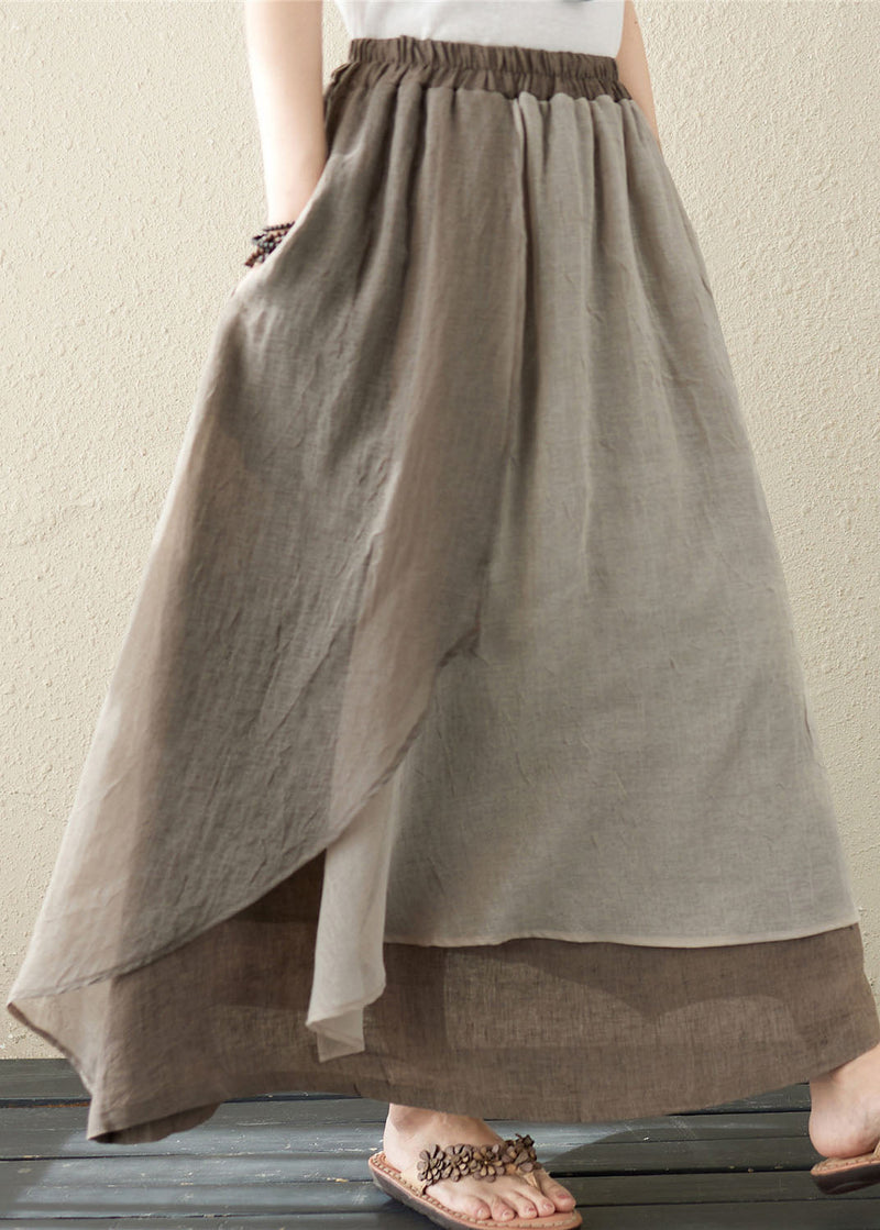 Khaki Pockets Asymmetrical Design Patchwork Linen Skirt Summer