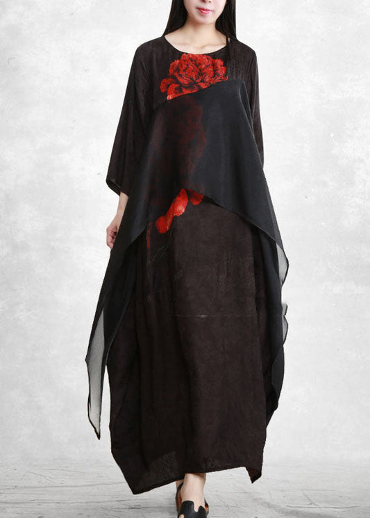 Black O-neck Asymmetrical Print Long Dresses Three Quarter Sleeve