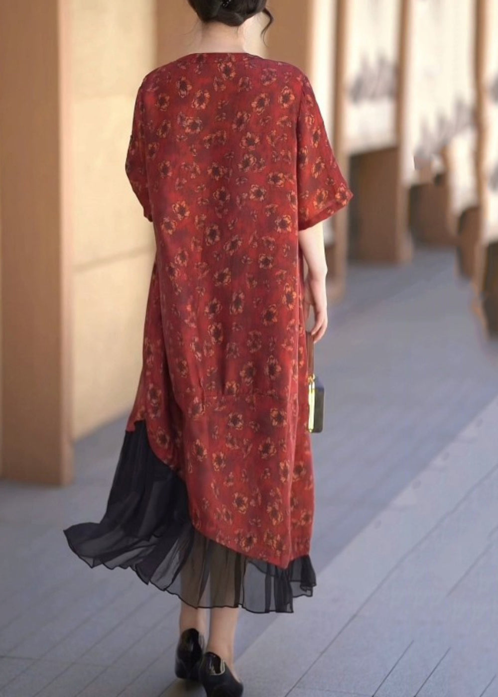 Handmade Red O-neck Asymmetrical Patchwork Silk Linen Long Dress Half Sleeve