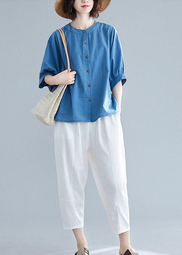 Navy O-neck Button Linen Blouses Half Sleeve