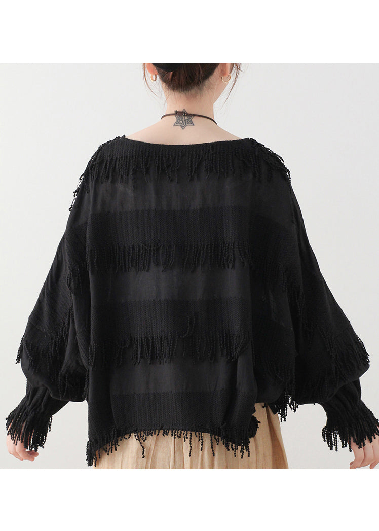 Black Original Design O-neck Cotton Tops Lantern Sleeve