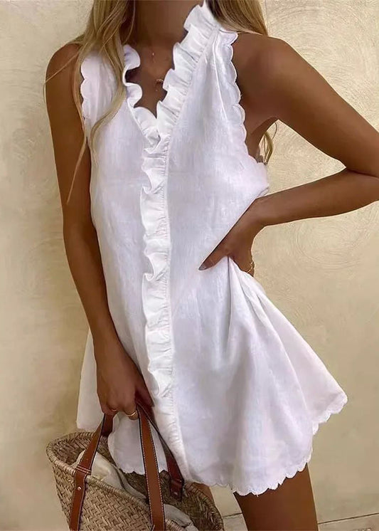 New Cotton and Linen White Dress Summer V Neck