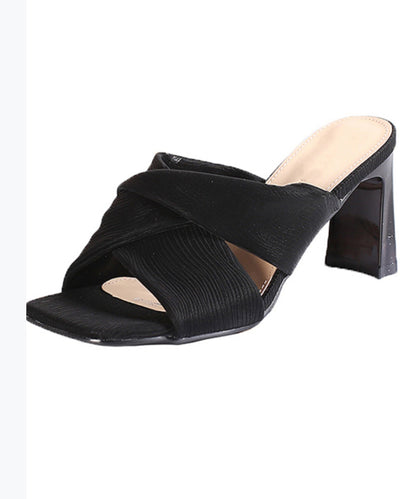 Chunky Heel Black Slide Sandals Peep Toe
