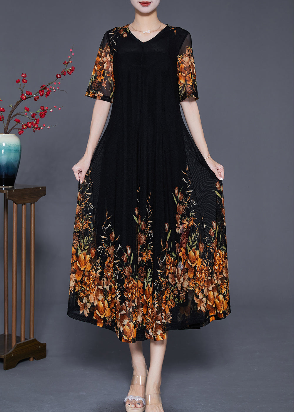 French Black V Neck Golden Tulle Holiday Dress Summer