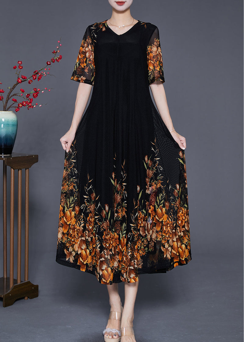 French Black V Neck Golden Tulle Holiday Dress Summer