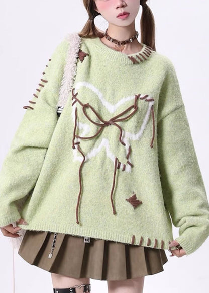 Novelty Green O Neck Lace Up Knit Sweaters Spring