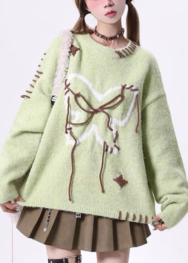 Novelty Green O Neck Lace Up Knit Sweaters Spring