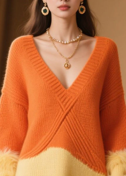 Orange V Neck Patchwork Faux Fur Knitwear Dress Winter