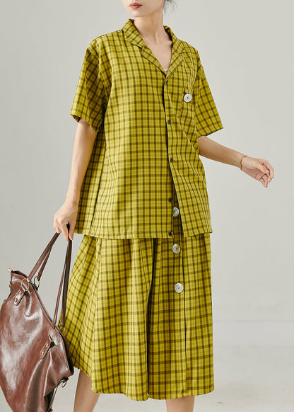 Green Oversized Plaid Cotton Two Pieces Set Summer