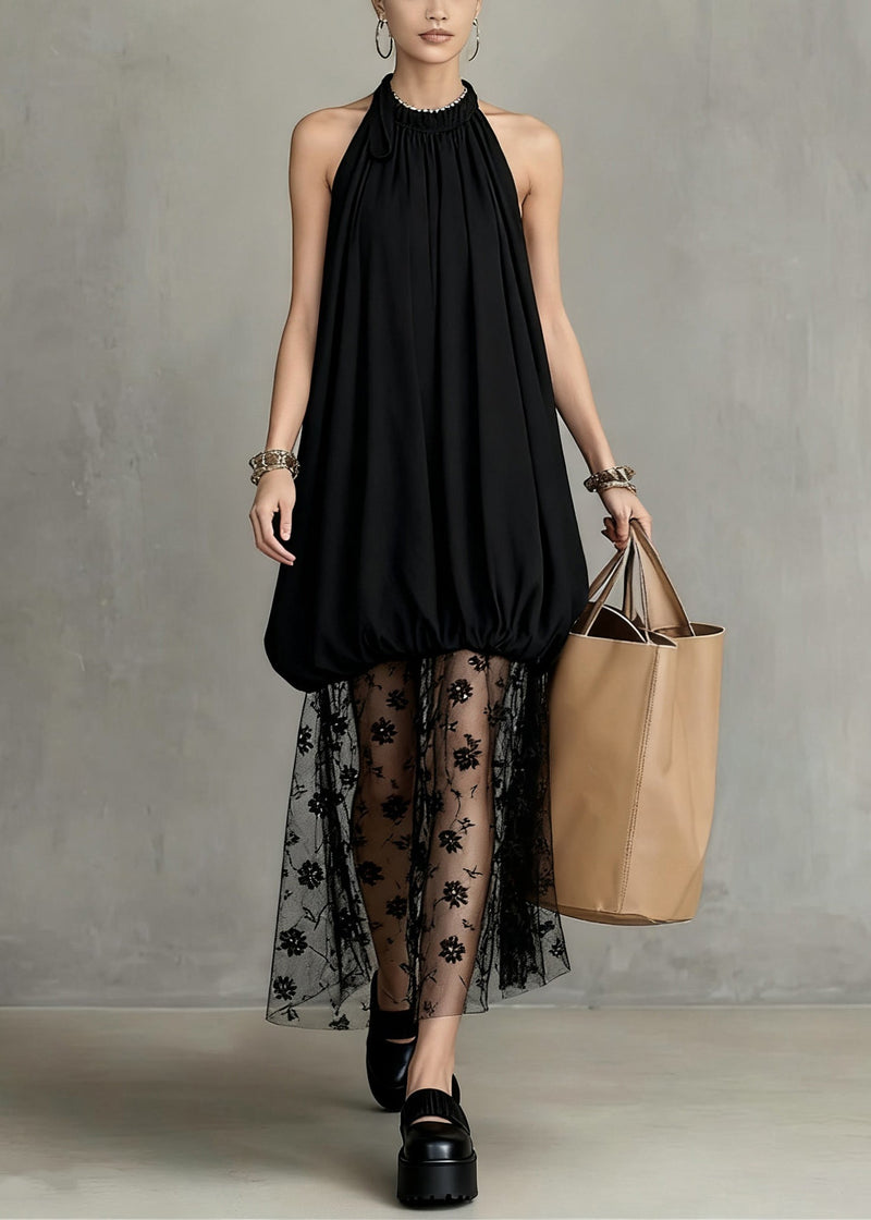 Stylish Black Wrinkled Lace Tulle Patchwork Dress Sleeveless