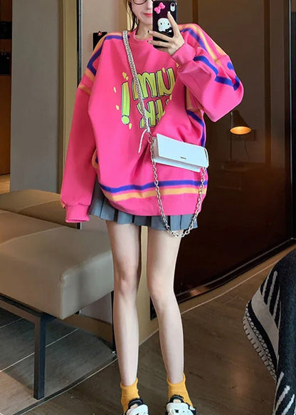 Pink O Neck Graphic Warm Fleece Loose Sweatshirts Top Spring