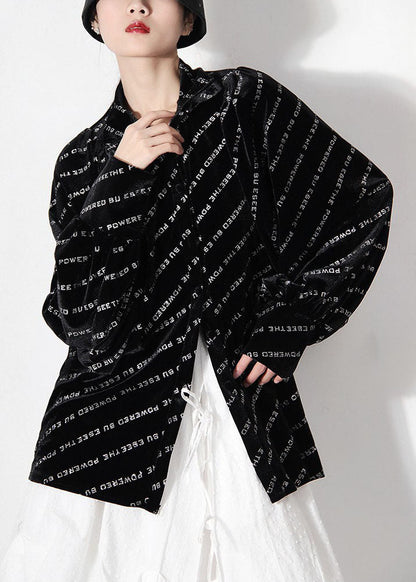 Loose Black Peter Pan Collar Button Graphic Shirt Spring