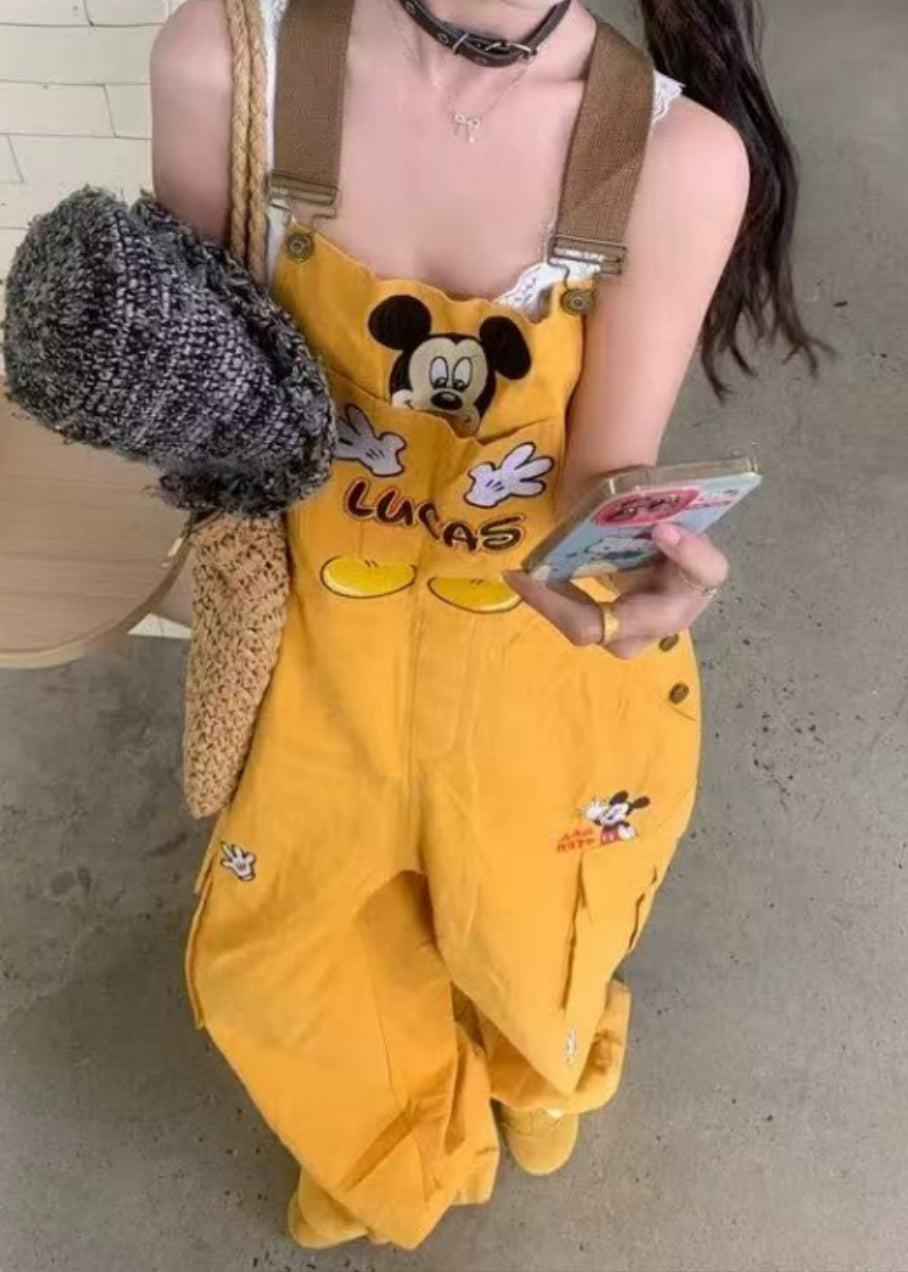 Yellow Embroidered Denim Overalls Jumpsuit Fall