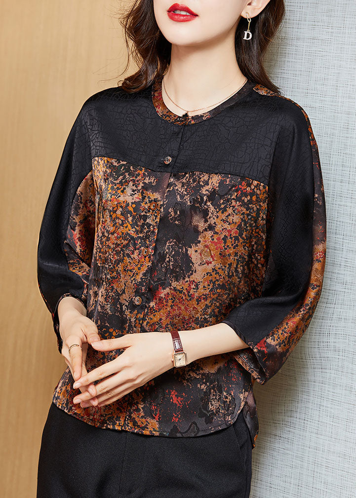 Yellow Print O-neck Button Patchwork Silk Shirt Tops Bracelet Sleeve