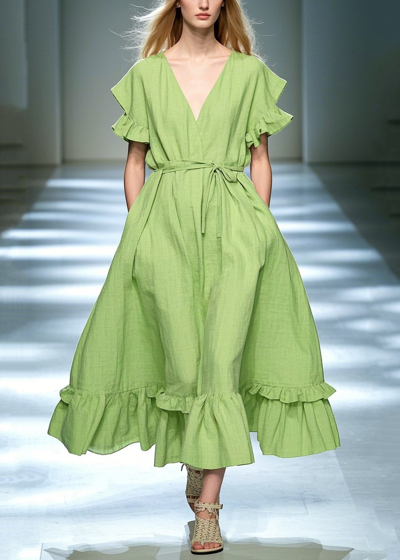 Diy Grass Green Ruffled Exra Large Hem Cotton Tunic Dress Summer
