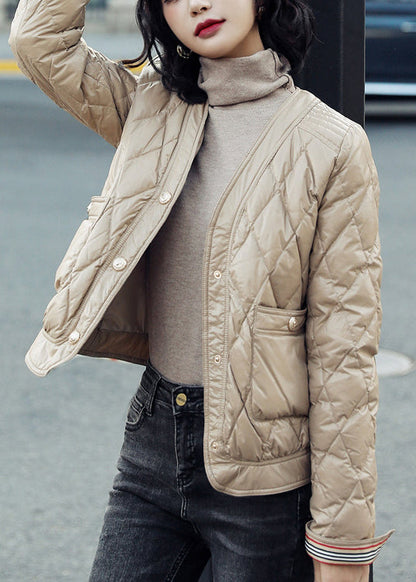 Khaki V Neck Pockets Duck Down Puffers Jackets Winter