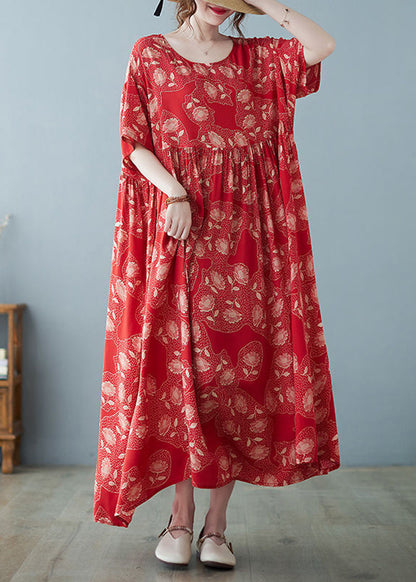 Red Oversized Print Exra Large Hem Cotton Vacation Dresses Summer