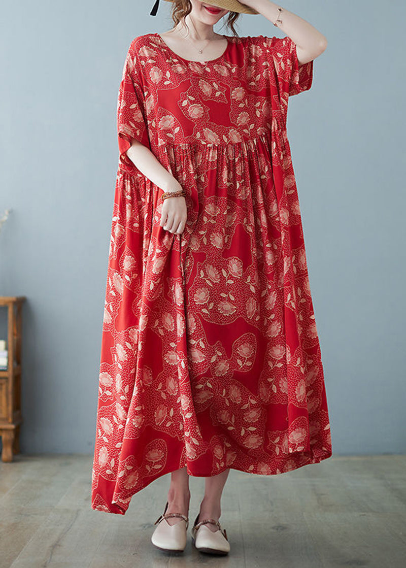 Red Oversized Print Exra Large Hem Cotton Vacation Dresses Summer