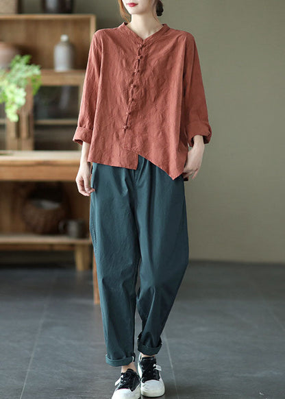 Brick Red Asymmetrical Design Patchwork Button Fall Blouses