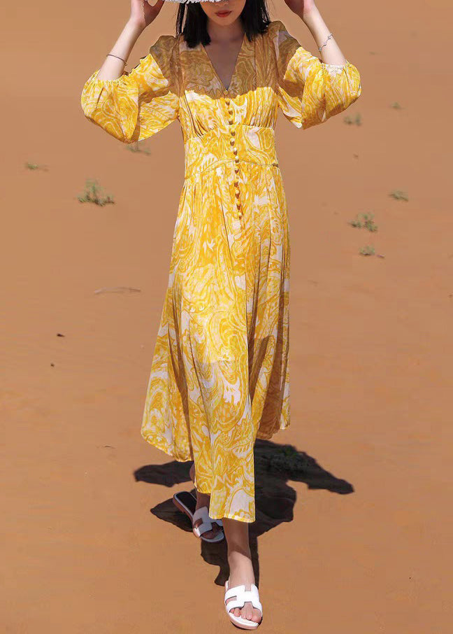 Yellow V Neck Print Chiffon Long Dresses Fall