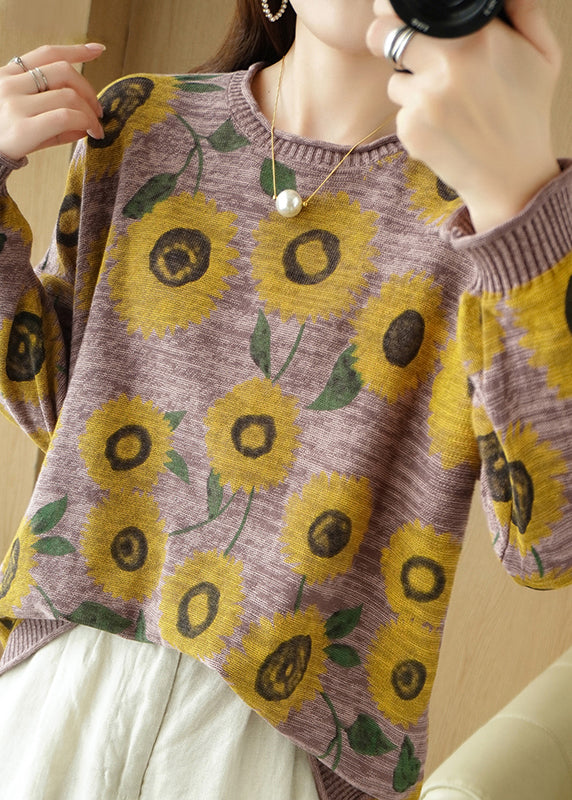 Grey O-neck Print Thick Knit Sweater Fall