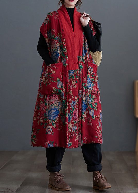 Original Style Red V Neck Print Pockets Fine Cotton Filled Vest Winter