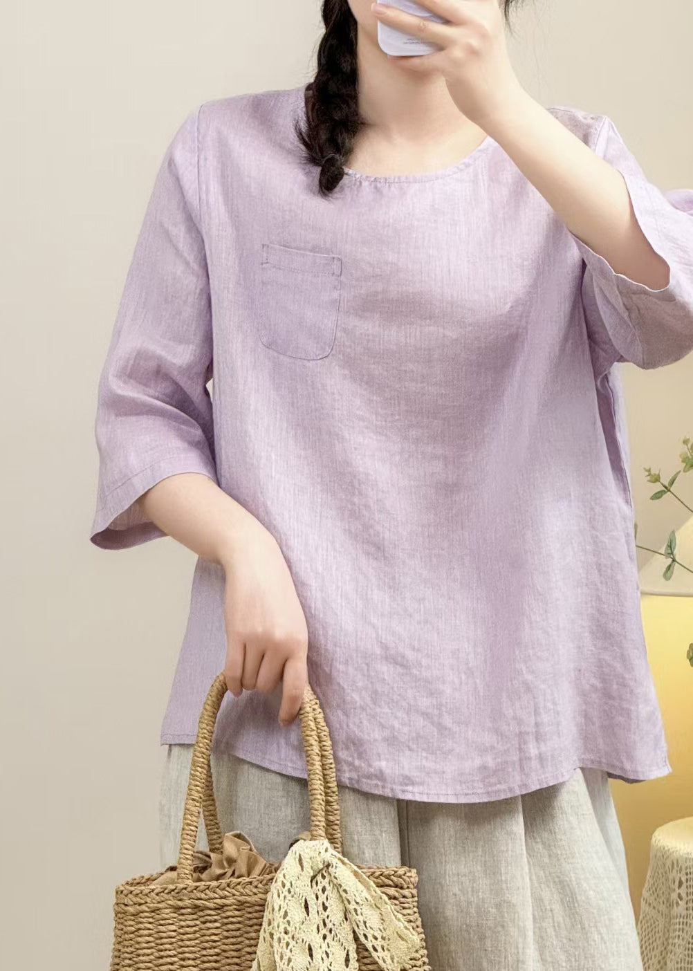 Simple Navy O Neck Linen Shirt Bracelet Sleeve