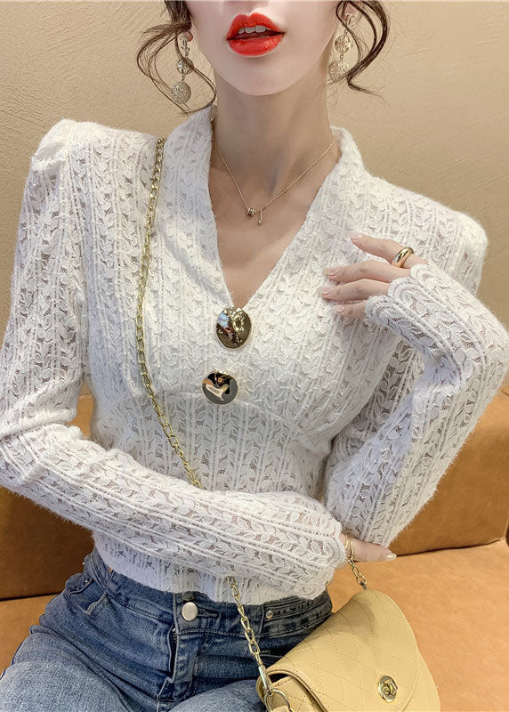 White Sequins V Neck Lace Tops Spring