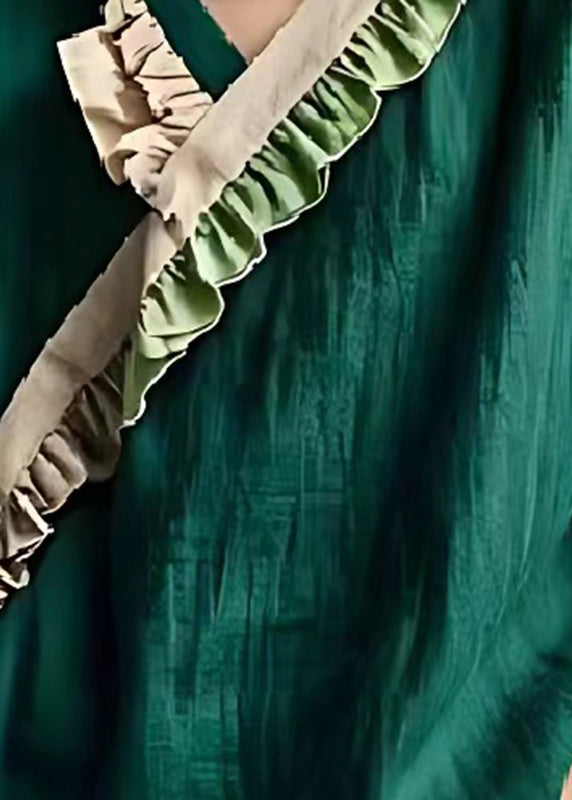 Blackish Green Ruffled Patchwork Linen Top Summer