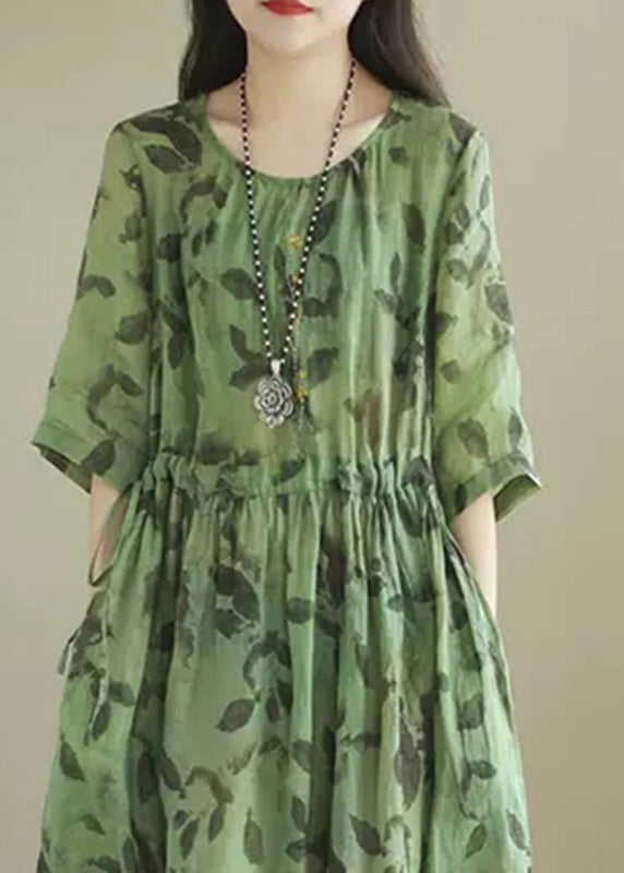 Green O-neck Print Wrinkled Long Dress Summer