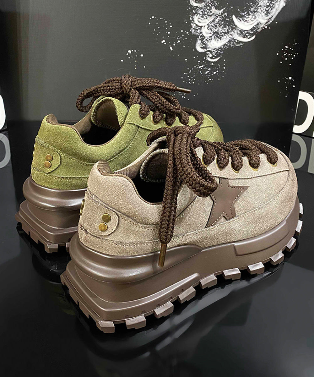 Green Lace Up Splicing Suede Platform Flat Feet Shoes
