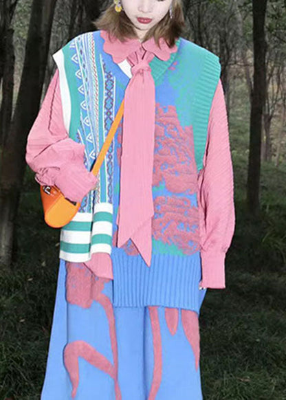 Pink Asymmetrical Cotton Knit Waistcoat Sleeveless