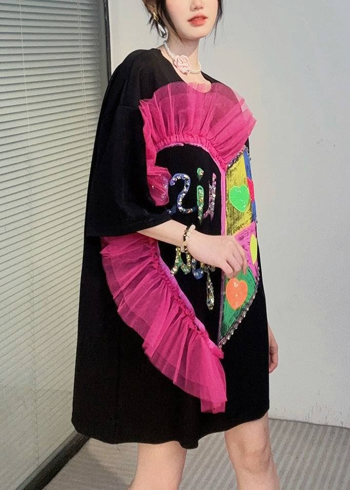 Black O Neck Ruffled Cotton T Shirt Dresses Summer