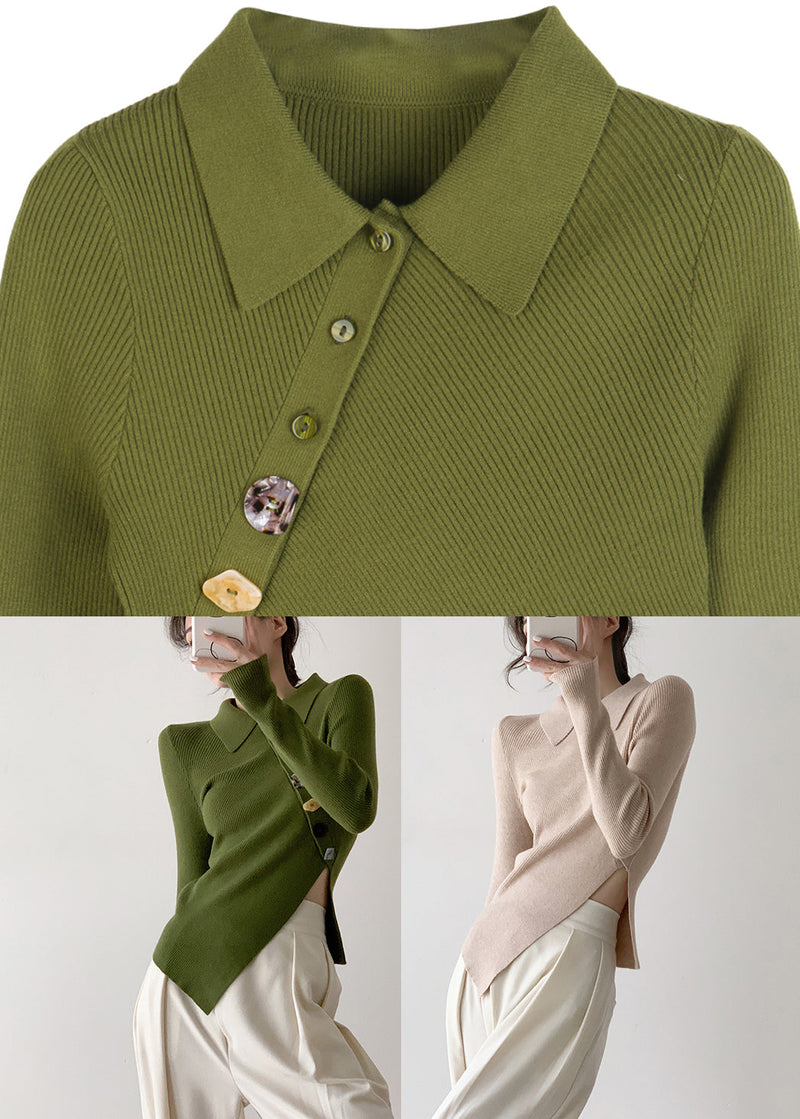 Green Peter Pan Collar Asymmetrical Knit Pullover Long Sleeve
