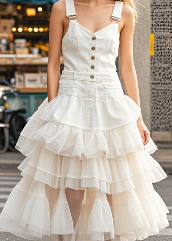 White Layered Tulle Patchwork Denim Dress Summer (ships in 15 Days)