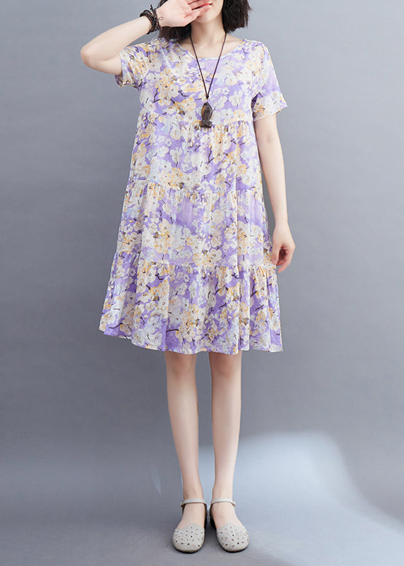 Light Purple Patchwork Print Mid Dresses Short Sleeveomen Light Purple Patchwork Print Mid Dresses Short Sleeve