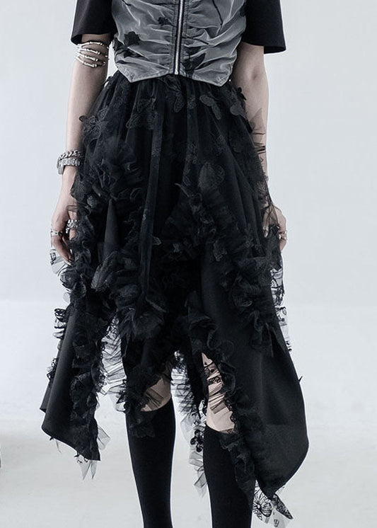 Diy Black Elastic Waist Asymmetrical Design Ruffled a Line Skirts Summer