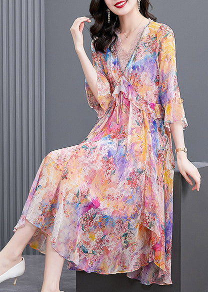 Light Pink V Neck Print Patchwork Flare Dress Fall