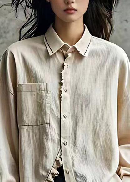 Beige Peter Pan Collar Button Shirt Long Sleeve