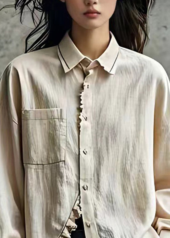 Beige Peter Pan Collar Button Shirt Long Sleeve