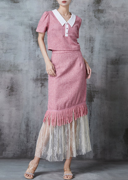 Silm Fit Pink Tasseled Patchwork Cotton Two Piece Set Clothing Fall