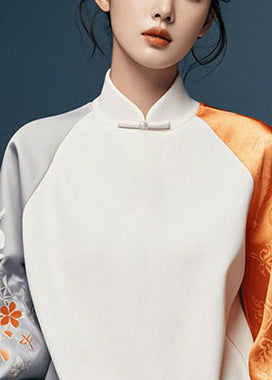 White Asymmetrical Patchwork Silk Oriental Tops Spring