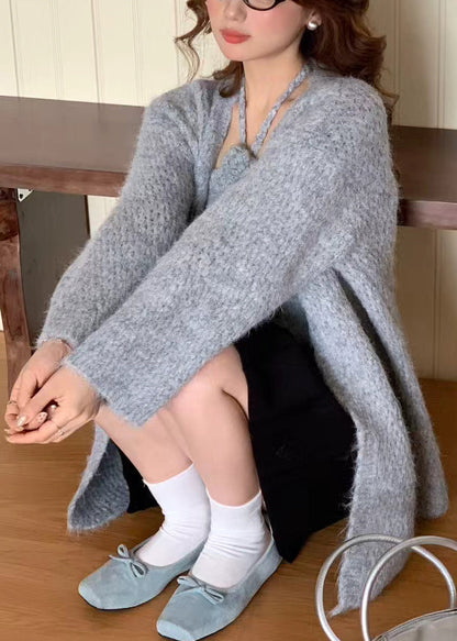 Grey Halter Knit Cardigan Two Pieces Set Winter