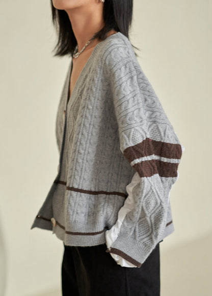 Grey V Neck Button Patchwork Cotton Knit Top Fall